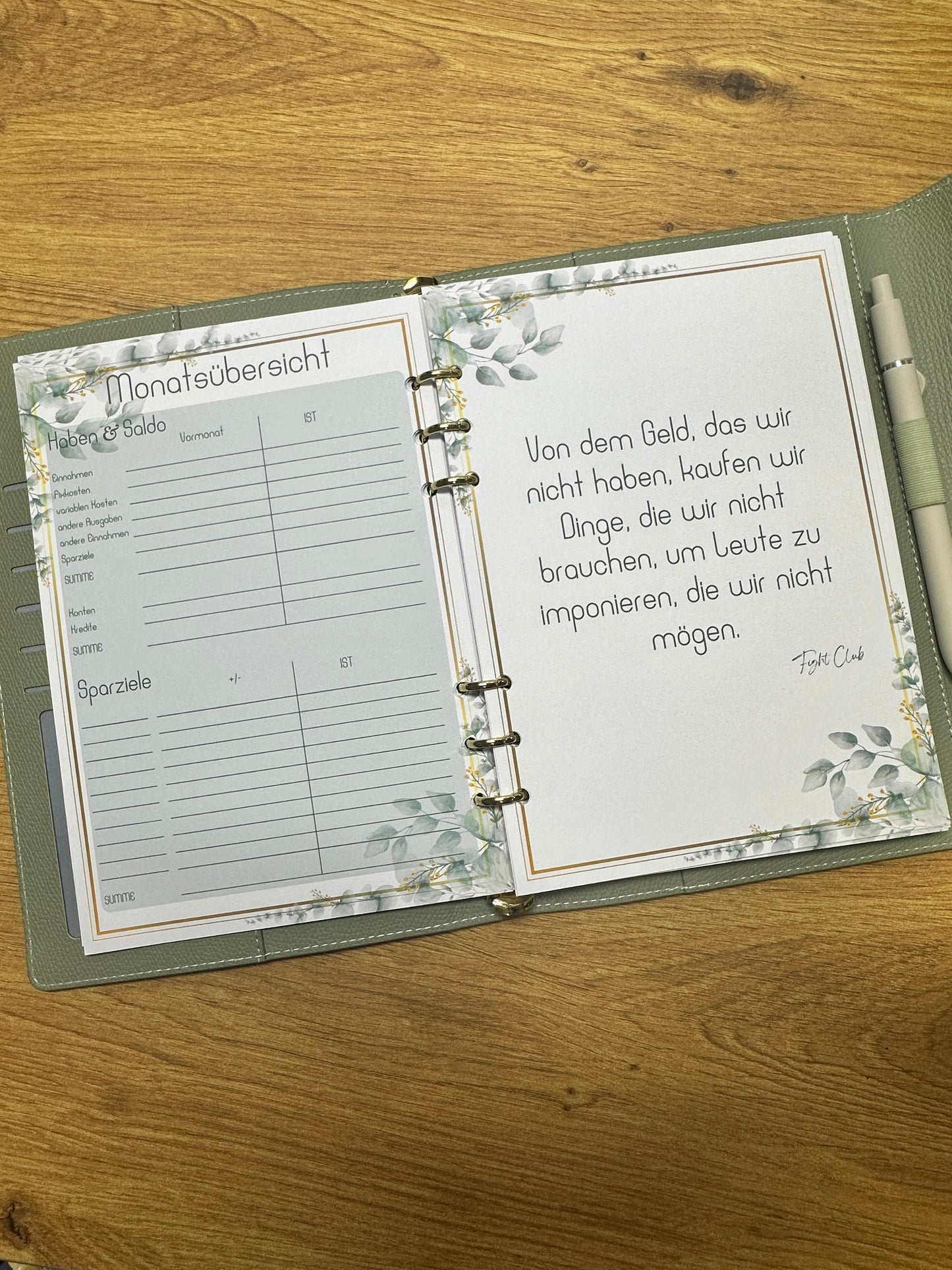 Budget Planer im Eukalyptus Gold Design I A5 Einlagen I 6fach gelocht