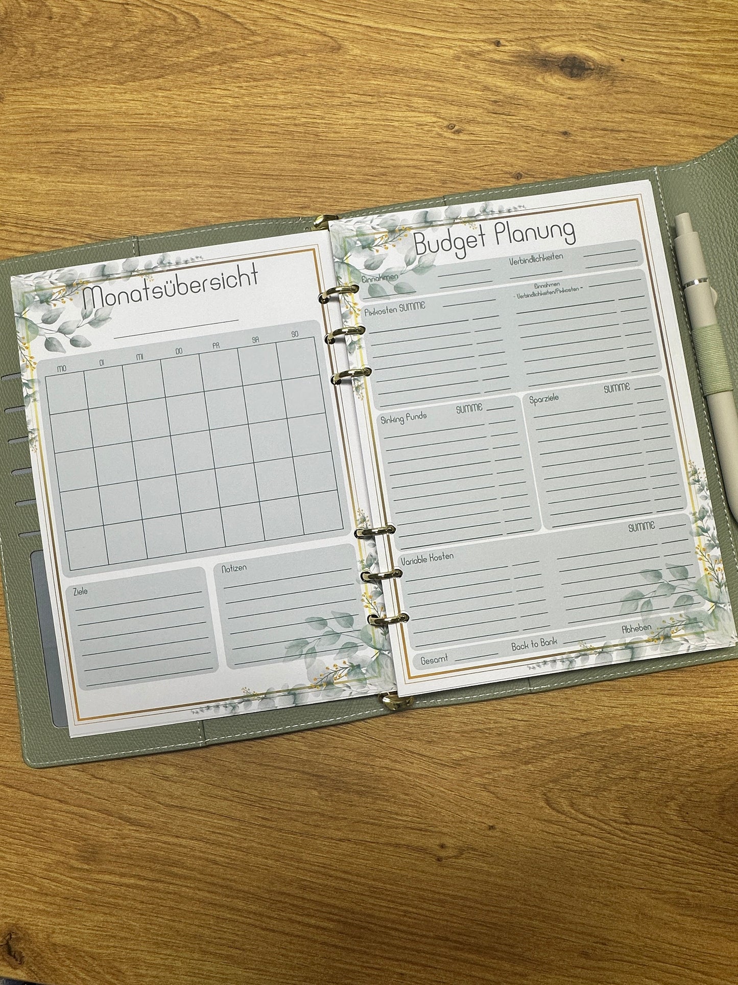 Budget Planer im Eukalyptus Gold Design I A5 Einlagen I 6fach gelocht