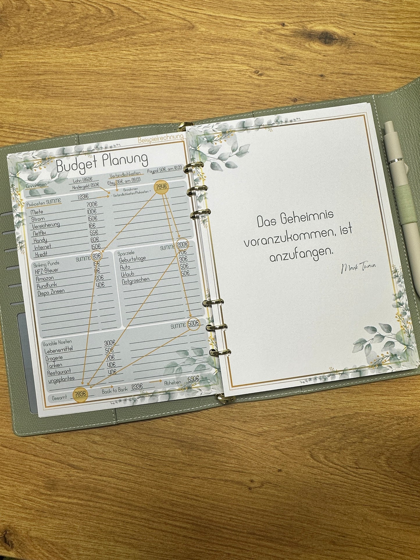 Budget Planer im Eukalyptus Gold Design I A5 Einlagen I 6fach gelocht